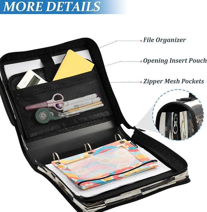 ALAZA Zipper Binder 3 Ring Chess Pieces Black White Checkerboard Binder Organizer with Zipper and Shoulder Strap Large Capacity Multi-Pocket Trapper Keeper File Folder for Office Supplies