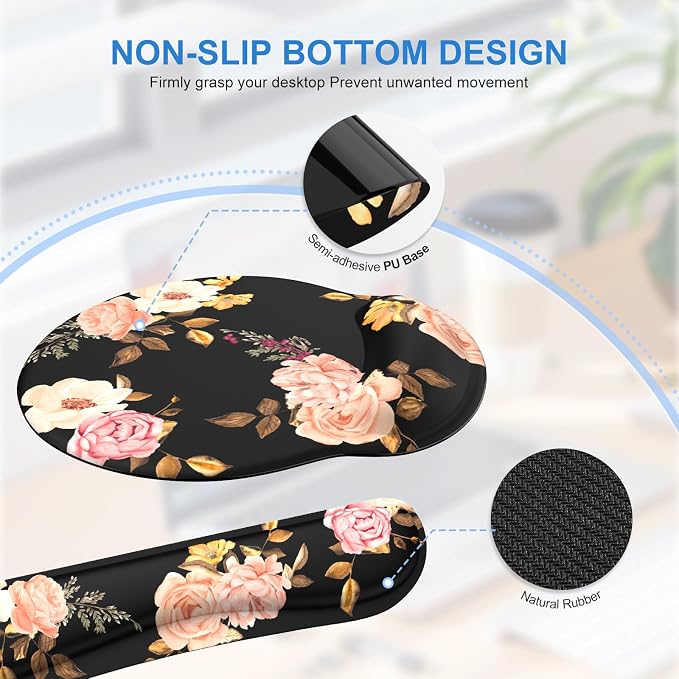 iCasso Floral 4in1 Computer Mat, 35.4"x15.7" Work Mat for Computer | Retro Ergonomic Desk Pad Including Keyboard Wrist Rest, Mousepad Set for Teacher Cubicle Office Computer Setup