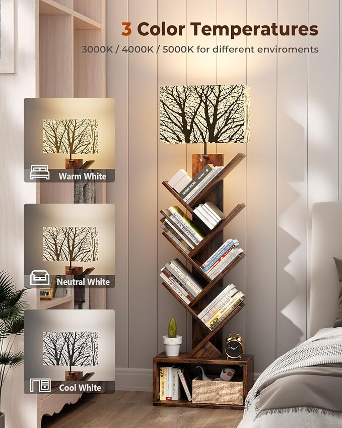 Evermagin 6 Tier Tree Bookshelf with Light, Bookcase, Branch Pattern | Rustic Brown Small Book Tower, Storage Cabinet for Book Organization, Floor Standing for Living Room, Bedroom & Home Office