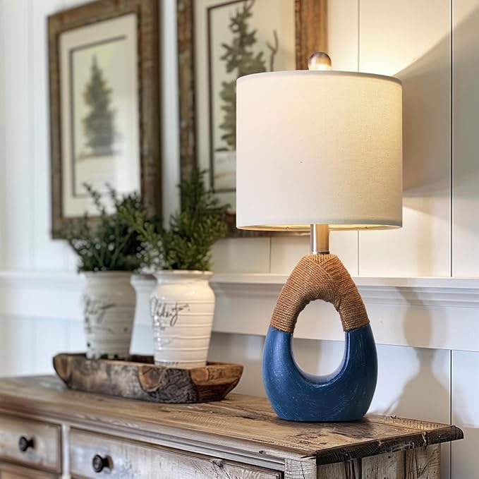 19" Boho Lamp for Bedroom, Bedside for Nightstands, Table Lamp for Living Room,Suitable for Small Space,Coastal Farmhouse, End Table, Rattan Nautical Beach Style, Blue,1 Pack
