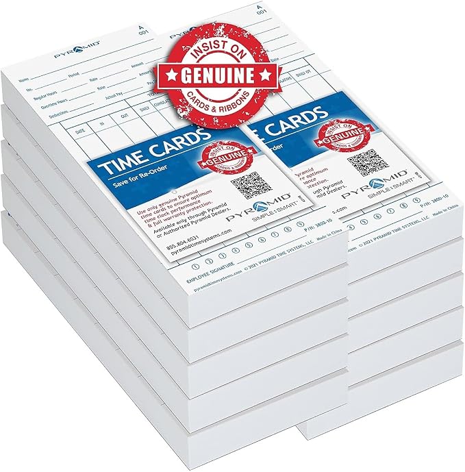 Pyramid Time Systems Genuine and Authentic Time Cards (3800-10MB) for Models 3800 Auto Totaling Time Clock, Double Sided (3.37 x 7.37 Inches), 1000 Time Cards - White