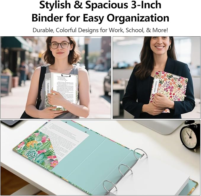 3 Ring Binder 3 Inch, Cute Decorative Hardcover Low Profile Clipboard with Storage, 3'' Round Ring Binders for Letter Size Paper, Durable Binder Organizer for School Office Supplies(Cactus Flowers)