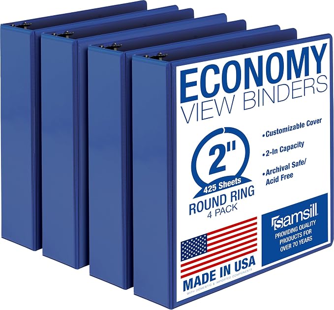 Samsill 2 Inch 3 Ring Binders, Economy Round Ring, Clear View Cover, 425 Sheet Capacity - for School, Home, Office - Blue, 4 Pack