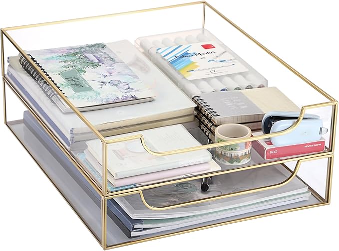 BTSKY 2 Pack Golden Glass Desk Tray, Multi-Purpose Organizer for A4 Paper, Documents, Desk Supplies, Makeup, Clear File Tray with Metal Frame, Stackable Decorative Storage for Home Office Vanity