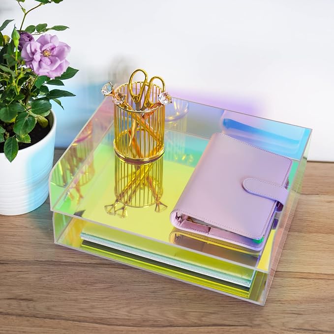 2-Tier Letter Tray Stackable Acrylic Desk Organizer File Holder | Iridescent Rainbow Paper Sorter For Desktop Document Office Accessories Storage Mail Organizer School Workspace Organization
