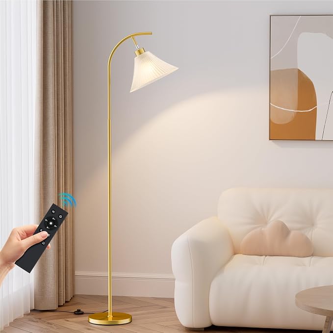Gold Floor Lamp with Remote, Dimmable Glass Arc Standing Lamp, Ribbed Frosted Glass Shade, 3 Color Temperatures, Foot Switch, 9W LED Bulb for Living Room Bedroom Office