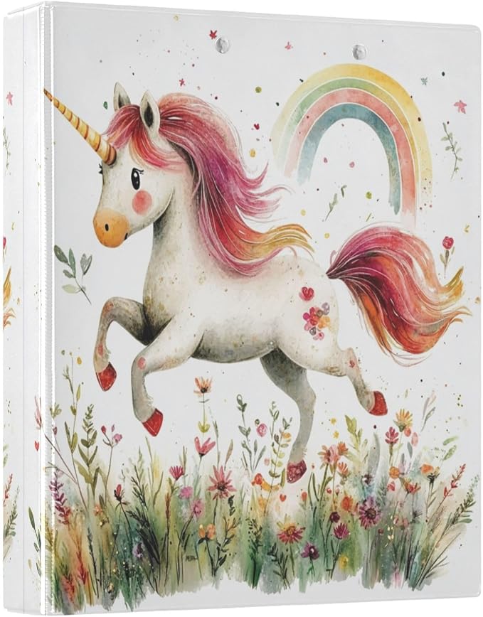 Caikeny 3 Ring Binder Cute Unicorn Watercoloe Rainbow Flower 1.5 Inch Binders Round Ring Clipboard with 2 Pockets for Office Supplies