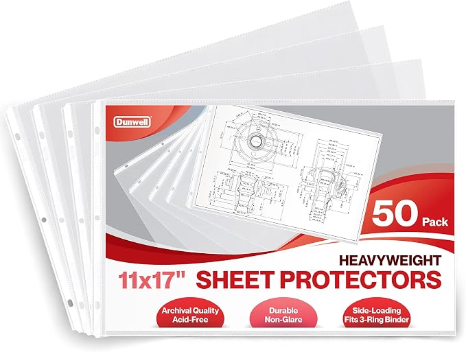Dunwell 11x17 Sheet Protectors, Clear Archival Sleeves, 50 Pack | Ledger Size Plastic Sleeves, 3-Hole Punched, Fits 3-Ring Binders, Heavyweight Oversized Pages