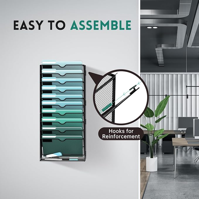 11-Tier Wall File Organizer, Hanging File Holder, Wall Mounted Mail Sorter | Metal Mesh Hanging File Organizer with Open Compartments and Label Panels for Papers and Folders at Home, Office or School