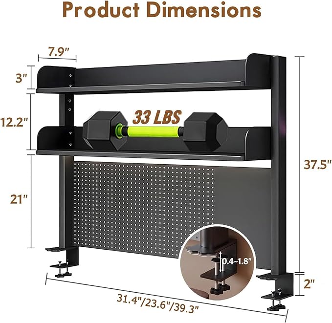Clamp On Desk Pegboard Shelf - Metal Desktop Organizer Hutch with 2 Shelves | Storage and Display, Desk Add-On Shelf for Office, Dorm Room, Bedroom, Black, 23.6In