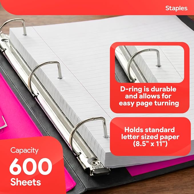 Staples Heavy-Duty 3-Inch D-Ring Binder, Pink – Large Capacity 3-Ring Binder, Holds Up to 600 Sheets for School & Office (Pack of 4)