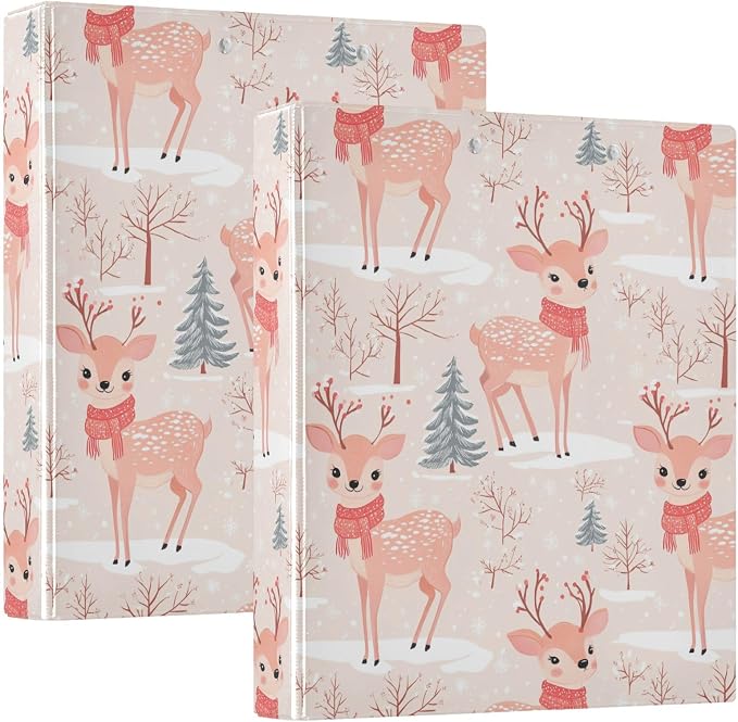 Winter Deer with Red Scarf Pine Tree 3 Ring Binder 1.5" Decorative D-Ring Binder with Clipboard&3 Clear Pockets, Holds 200 Sheets A4 Size Paper Waterproof Binders for School Home Office