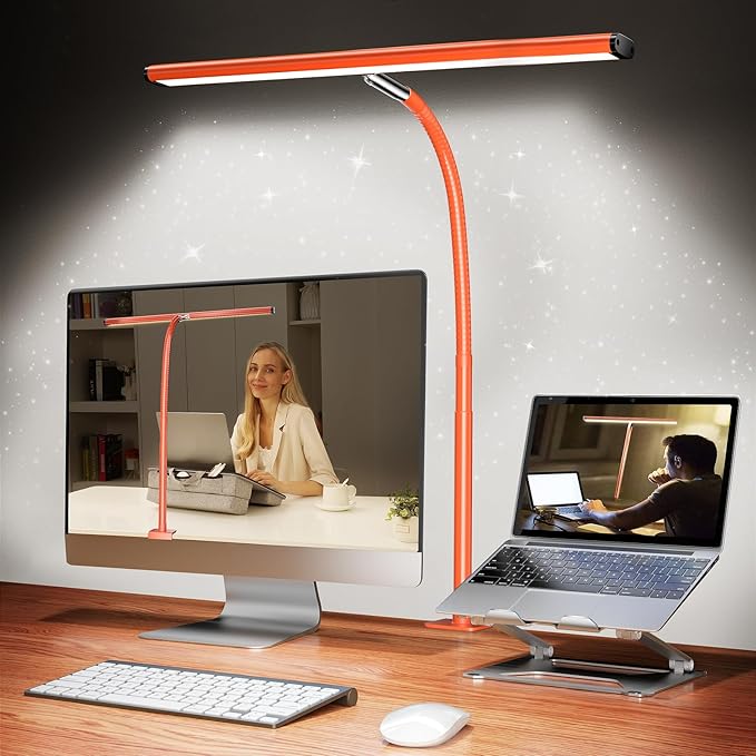 Airlonv LED Desk Lamp with Clamp, 17" Stepless Dimming Light, Orange | 2700K-6500K, 100 LEDs, 360° Gooseneck, Fits Up to 30" Monitors, Flicker-Free Lighting for Home Office, Study& Workbench