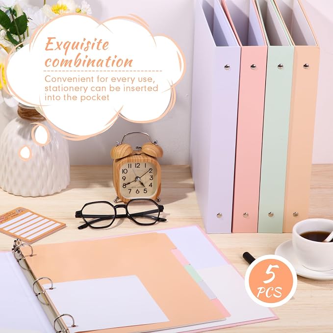 Ctosree 5 Sets 1 Inch Heavy Duty 3 Ring Binder with 2 Pockets with 5 Tab Dividers 8.5 x 11 Inch Plastic Film and File Folder Labels for Letter Size Paper Office Home Supplies(Lovely Color)