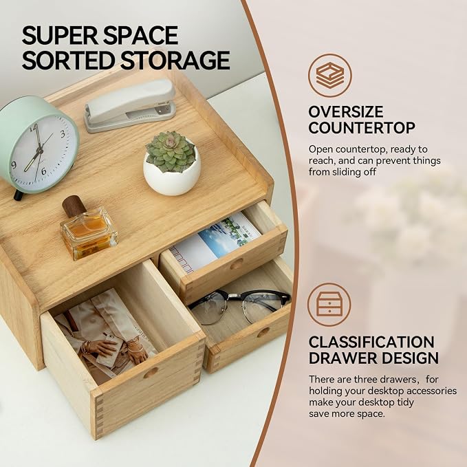 KIRIGEN Wooden Desk Organizer with 3 Drawers and Top Tray Natural DT1D3C-NA | 3-Drawer Cabinet with Top Tray Stores Office Supplies, Toiletries, Tools, Crafts, and Small Accessories on Desks or Counters