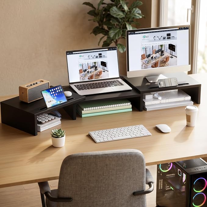 WALI Extra Long Wooden Dual Monitor Stand Riser with 2 Slots, up to 22lbs | Underneath Storage, Adjustable Length & Angle, Multi-Purpose Desktop Organizer Desk Shelf for Home Office PC, Laptop, Printer