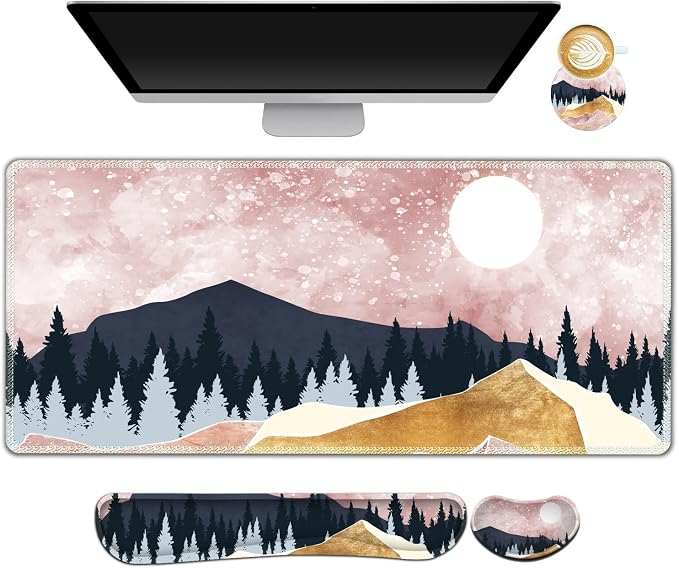 Extended Gaming Mouse Pad Set, Keyboard Wrist Rest Support Pad + Wrist Cushion + XXL Large Mouse Pad + Coaster, Stitched Edge, Non-Slip, Memory Foam Desk Mat, Pink Abstract Mountain