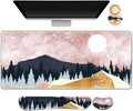 Extended Gaming Mouse Pad Set, Keyboard Wrist Rest Support Pad + Wrist Cushion + XXL Large Mouse Pad + Coaster, Stitched Edge, Non-Slip, Memory Foam Desk Mat, Pink Abstract Mountain