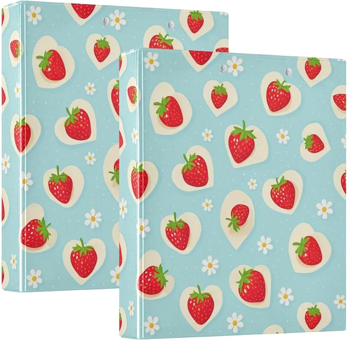Aslsiy Floral Strawberry 3 Ring Binder 1.5 Inch Blue Dots Round Clipboard Decorative Harcover Binder Organizer for Office Supplies