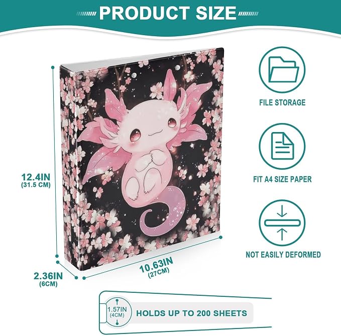Cute Axolotl Cherry Blossoms 3 Ring Binder 1.5 Inch 2 Pack with 200 Sheet for Kids School Supplies Women Men Office