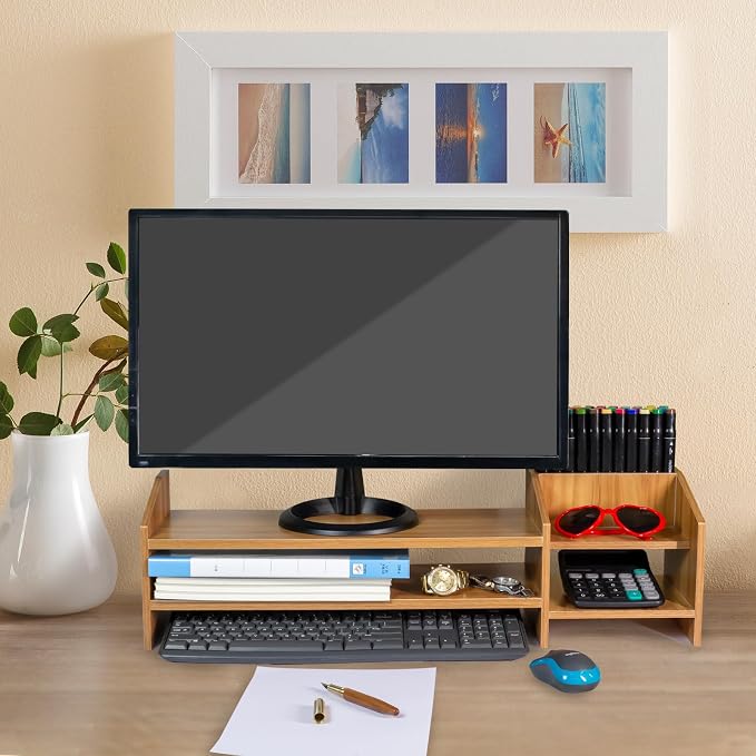 Catekro Monitor Stand Riser, 2 Tiers Wood Monitor Riser Stand Brown | Multi-Purpose Desktop Organizer Riser with Storage Organizer for Computer, Laptop, Printer