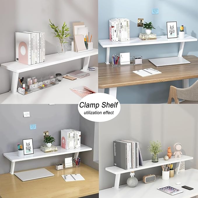 23.6x7.8in Clamp on Desk Shelf, Adjustable Desktop Organizer Extension Bookshelf Above Storage Rack Accessories Space Saving for Home Office Organization, White
