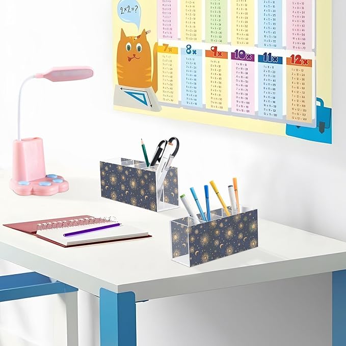 Sun Moon Star Acrylic Pencil Pen Holder Desk Accessories Holder, Cosmetic Brush Organizer Modern Design Desktop Stationery Organizer for Office School and Home 7.87 x 2.48 x 3.54 In