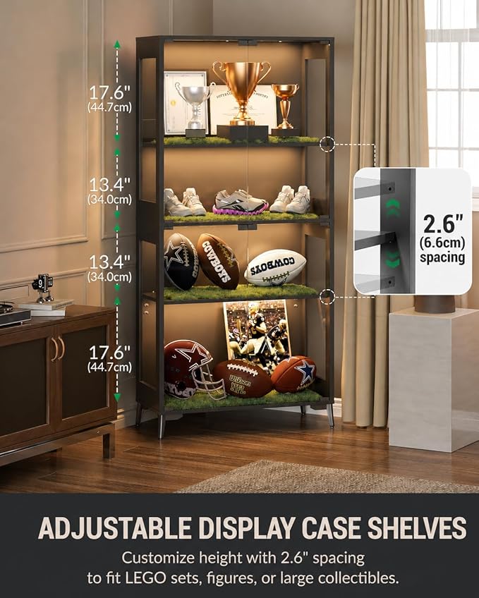 Display Cabinet with Glass Doors, 4-Tier Curio Cabinet with Adjustable Shelves, Glass Display Case for Collectibles, 60000 Color LED Lights with App & Remote Control, Metal Base Storage Cabinet, Black