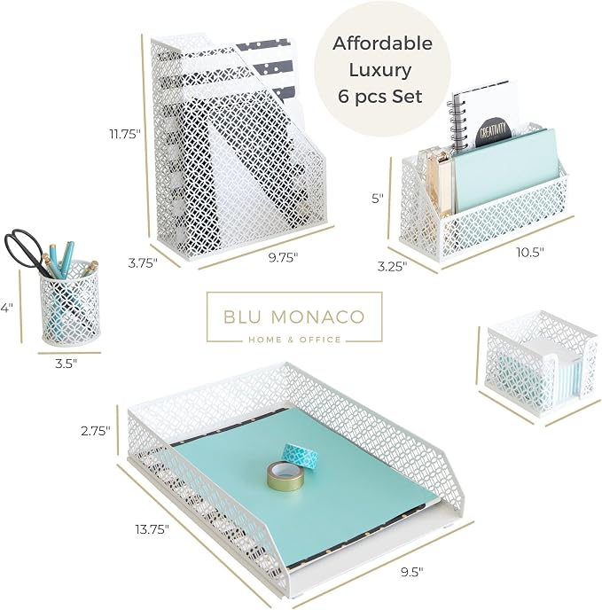 BLU MONACO | White Desk Organizer Set 6 Piece | Mail Sorter Organizer Countertop with Letter Sorter for Desk | Standing File Organizer for Desk with Pen Holders