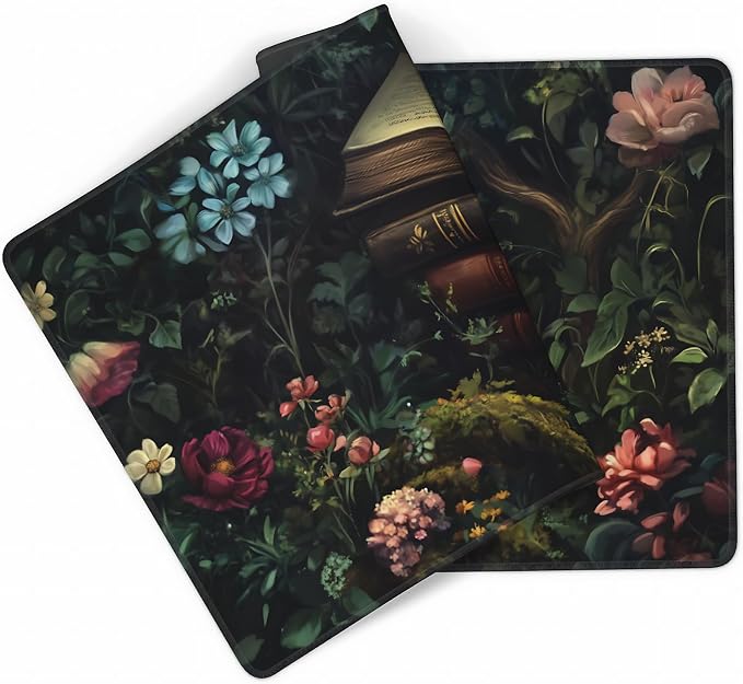 Floral Aesthetic Book Gaming Mouse Pad, Forest Green Moody Forest Desk Mat with Anti-Slip Base & Stitched Edges,35.4" x 15.7" in Desk Accessories for Women, Home Office Decor & Artistic Gift