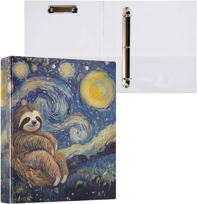 ALAZA 3 Ring Binder Sloth Van Gogh Starry Sky Clipboard Round Ring Binder Holds 1.5 Inch Three Ring Binder Heavy Duty Ring Binders for Office Supplies, 1Pack