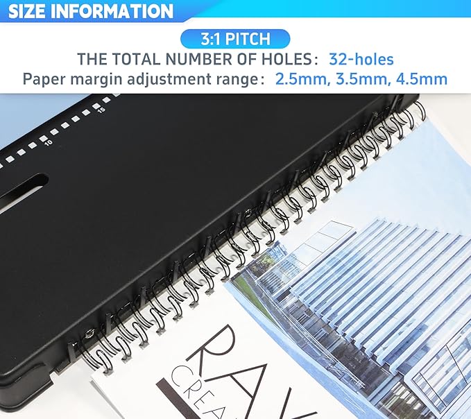 RAYSON TD-132 3:1 Wire Binding Machine, 12-Sheet Punch, 120-Sheet Capacity | 32-hole Letter-size punching with 2.5, 3.5, and 4.5 mm margins; binding capacity varies by margin and paper thickness.