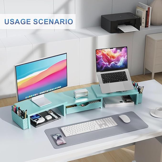 gianotter Dual Monitor Stand Riser With Drawer and 2 Pen Holders | Computer Monitor Stand Desk Organizer and Accessories Desk Shelf for Top of Desk (Blue)