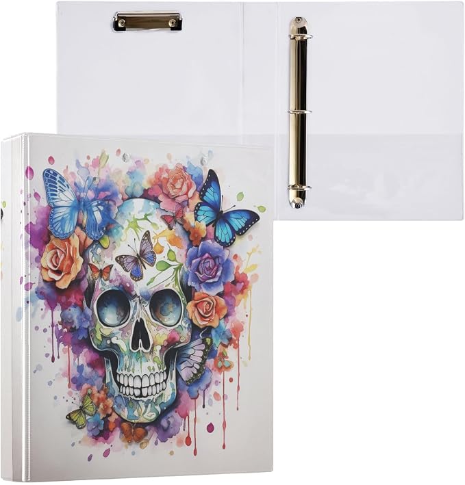Custom 3 Ring Binder Skull Flowers Butterflies 1.5" Round Ring Binders Personalized Name View Binder with 200 Sheet for Women Men Office Kids School Supplies, 1 Pack