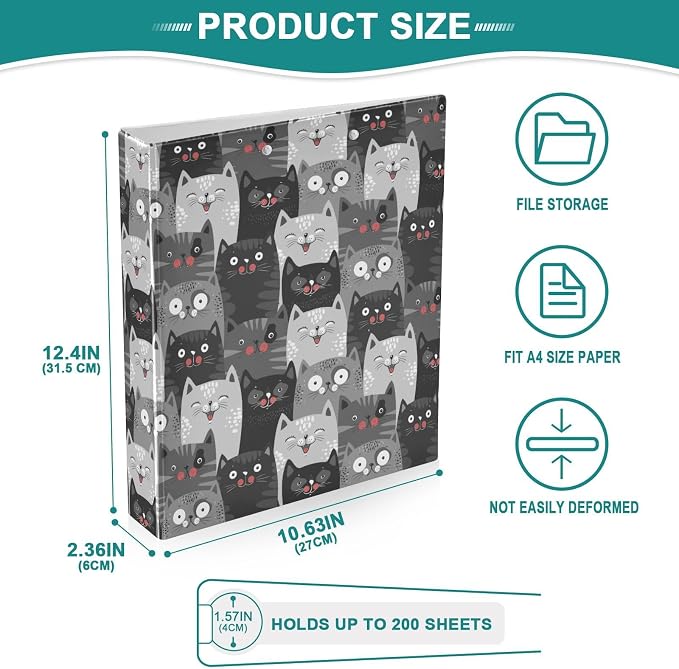 Funny Cute Kitty Cat Black and Gray Cats Binder 1.5 Inch Binder with Clipboard&Pockets, Hardcover Binders 3 Ring, Heavy Duty Large File Folder for Office School Supplies - Holds 200 Sheets