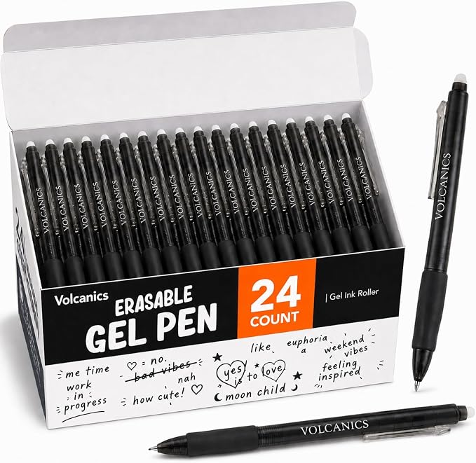 Volcanics Erasable Gel Pens, Retractable, 0.7mm, Soft Black,24 Pack
