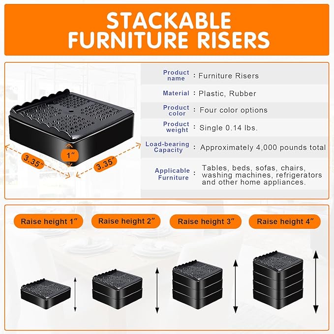Furniture Risers, 6 Pack Bed Risers with Non-Slip Grip and Heavy Duty Support, 1 Inch 2 Inch 3 Inch 4 Inch Height Lift for Couch, Sofa, Table, Desk, Chair, Refrigerator - Black, 1+1 Inch
