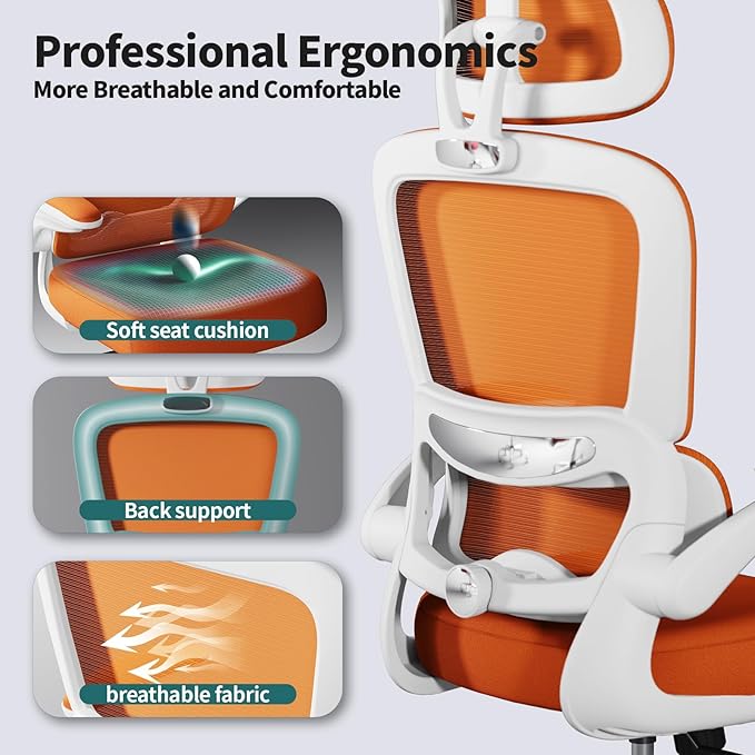 TRALT Office Chair Ergonomic Desk Chair - Gaming Chair with Lumbar Support | 330 LBS Home Office Desk Chairs with Headrest, Reading Chair with Flip-up Armrests, Comfortable Computer Chairs (1, Orange)