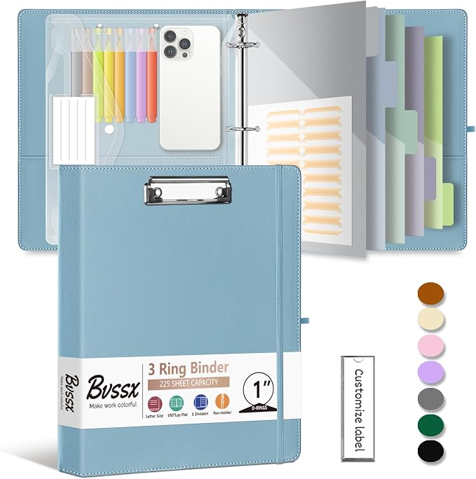 1 Inch 3 Ring Leather Binder Organizer, BVSSX Three Ring Binders with Clipboard, Plastic Folder, 5-Tabs Pocket Dividers with Sticker Labels, Pen Loop, Elastic Strap (Blue, Letter Size)