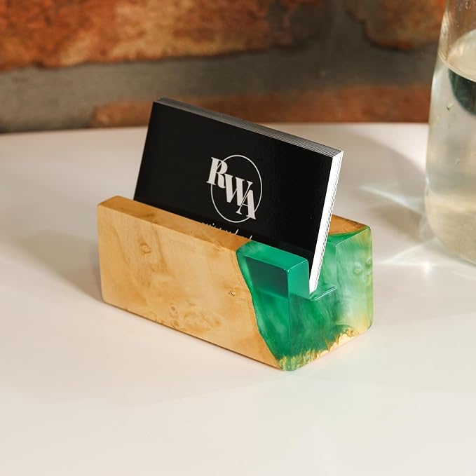 RWA Business Card Holder for Men & Women - Handcrafted Epoxy & Wood, Stylish & Durable Business Card Organizer, Premium Business Card Holders Desk Accessory for Professionals - ELEMENT aqua/maple