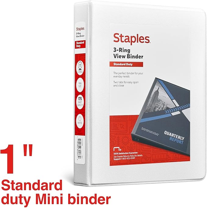 Staples Mini View Binder, 1-Inch Round Ring, 5.5 x 8.5 Inches, Holds Up to 175 Sheets, White, Compact Binder for Notes & Projects