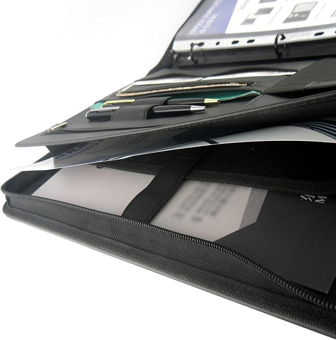 Portfolio 3-Ring Binder Organizer with Handle Zippered Padfolio Writing Pad Legal Size Notebook Business Folder Resume Interview for Men Women, Black