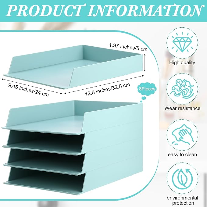Tatuo 8 Pack Stackable Paper Trays Plastic Letter Tray Desk Organizer Paper Holder Organizer Storage Office Desk Accessories for Classroom Magazine File Documents 12.8 x 9.45 x 1.97, Blue Green