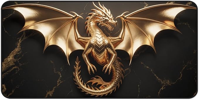 Golden Dragon Black Marble Desk Mat | Luxury Gaming Mouse Pad, Large Non-Slip Office Blotter
