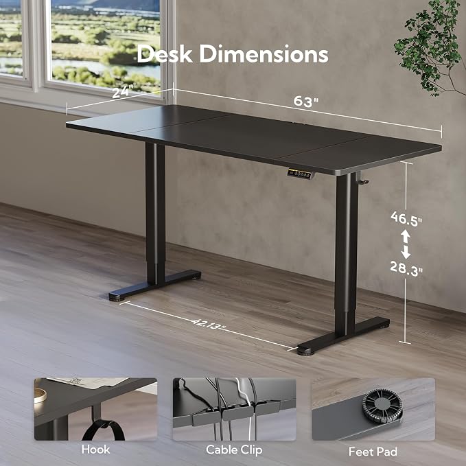 Claiks Electric Height Adjustable Standing Desk, 63x24 Inch, Black | Smooth Height Adjustment, 3 Memory Presets, Cable management hub & hook, Stable Steel Frame, 156 lbs Capacity, Easy Assembly