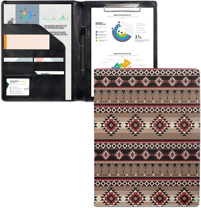 Dreaweet Indian Aztec Print Portfolio Leather Padfolio Binder for Women Men,Interview Resume Folder Legal Document Business Organizer Card Holder Letter Sized Writing Pad