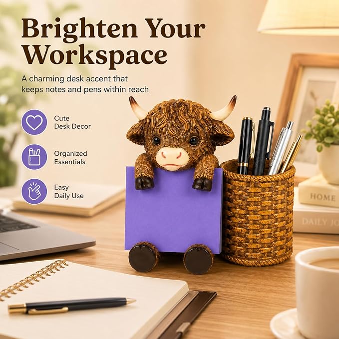 Highland Cow Note Pad Dispenser with Pen Cup, Desk Organizer | Cute highland cow note pad dispenser with pen cup, perfect for desks, offices, classrooms, and cow lover gifts.