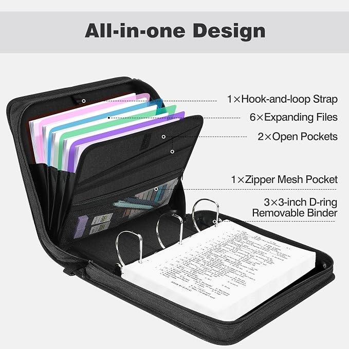 MoKo Zipper Binder, 3-Inch 3-Ring, 600 Sheets, 6-Tab File Folders, Black | Waterproof 900D polyester with six dividers, multiple pockets, a handle and adjustable shoulder strap.
