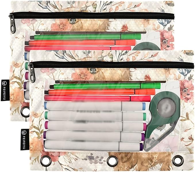 Cute Highland Cows Flowers Pencil Pouch for 3 Ring Binder, 2 Pack Waterproof Pencil Bags Clear Window Pencil Case Zipper School Office Supplies