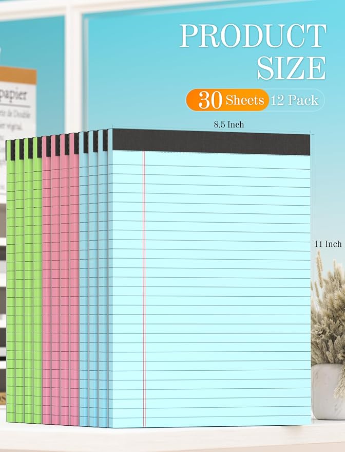 12 Pack Colored Legal Pads 8.5 x 11, Colored Note Pads 8.5 x 11 Wide Ruled